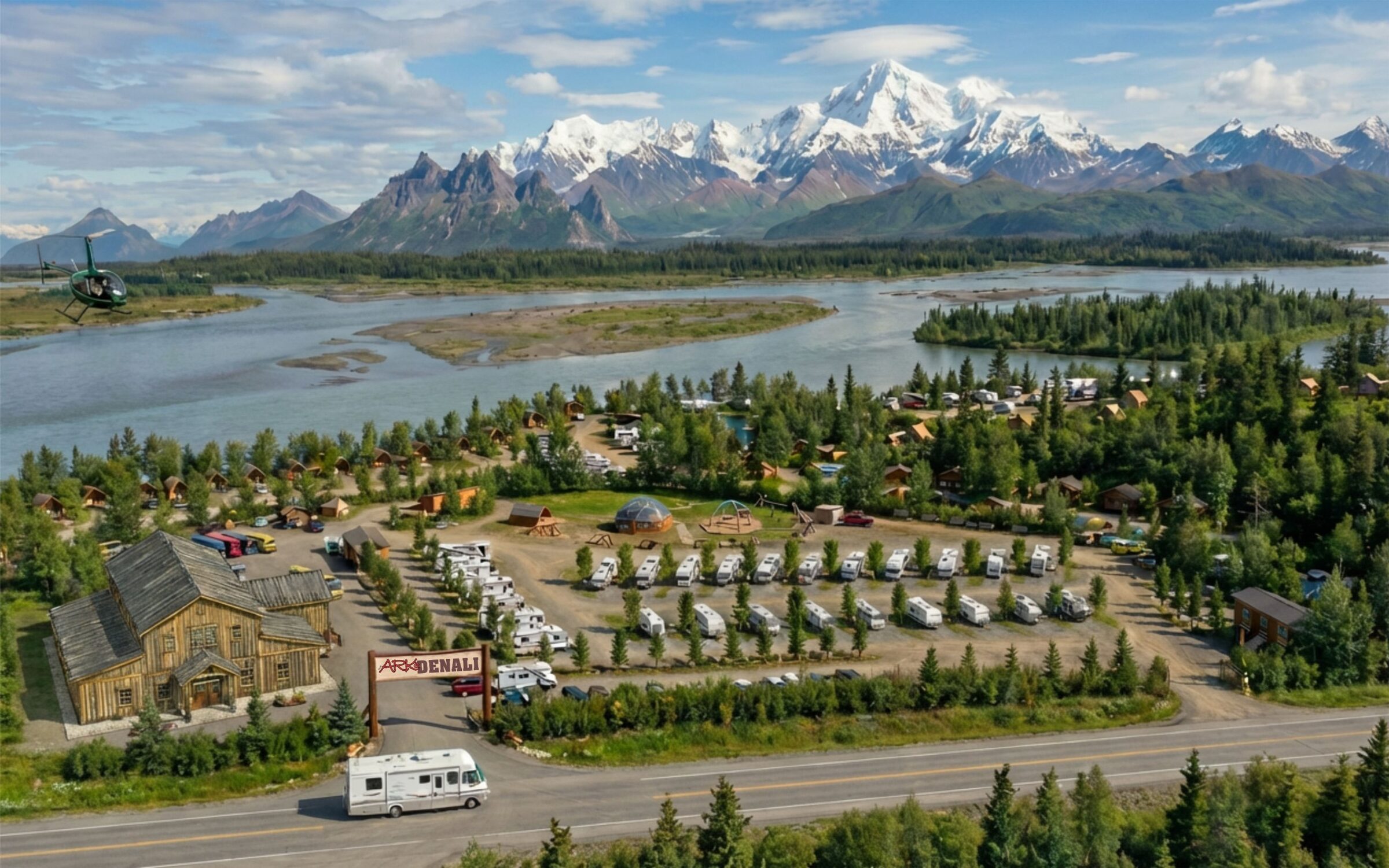 Aerial concept rendering of the ARK@Denali resort on the Parks Highway with RV sites, cabins and the main lodge