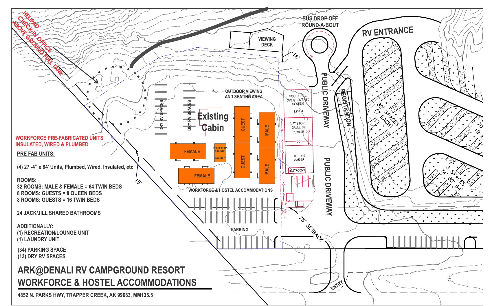 Site plan of the workforce and hostel accommodations beside the RV entrance